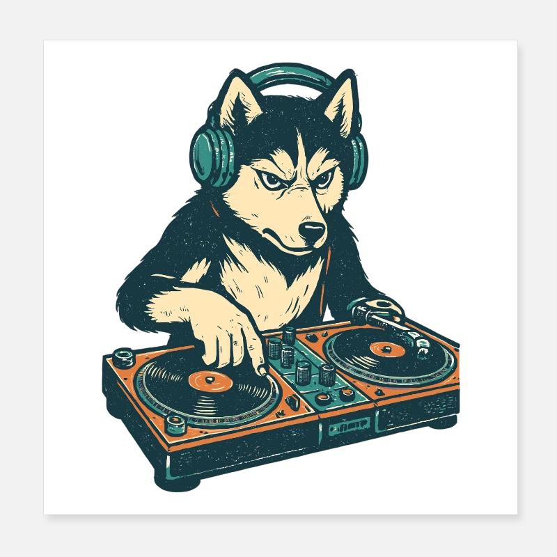 Husky DJ Retro Design : Chien à la console de mixage Poster 20 x 20 cm