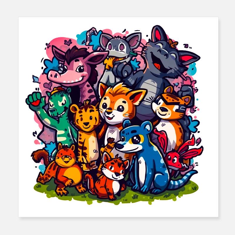 Animals Group Cartoon Colors Poster 8" x 8" (20x20 cm)