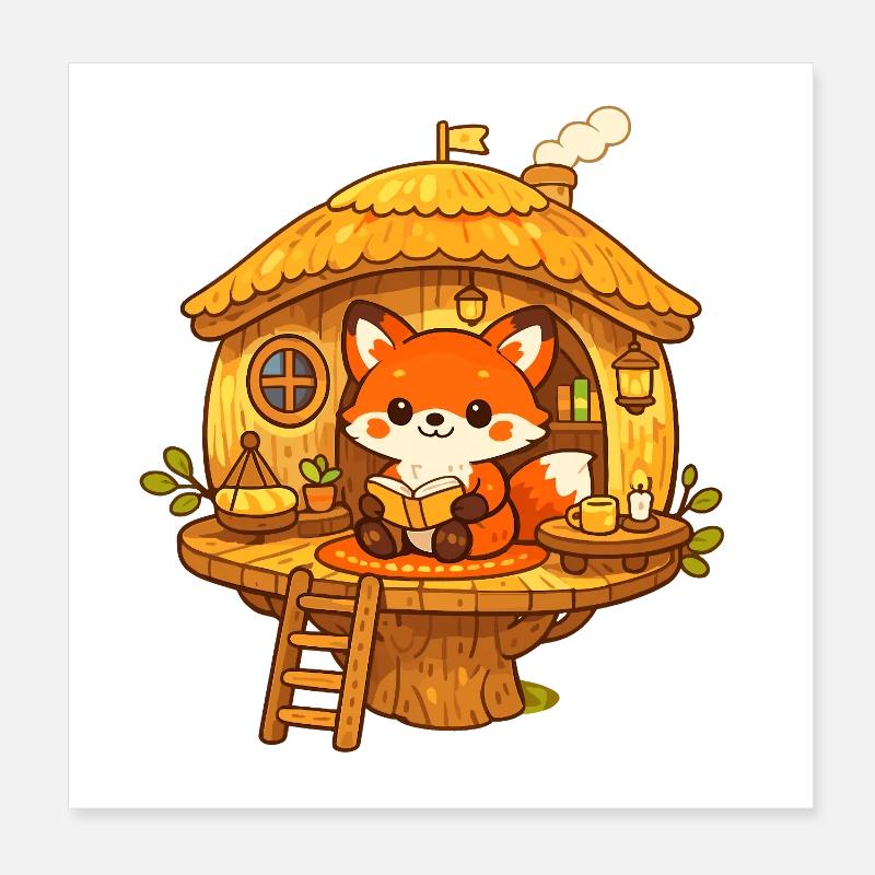 Reading fox in the tree house Poster 8" x 8" (20x20 cm)