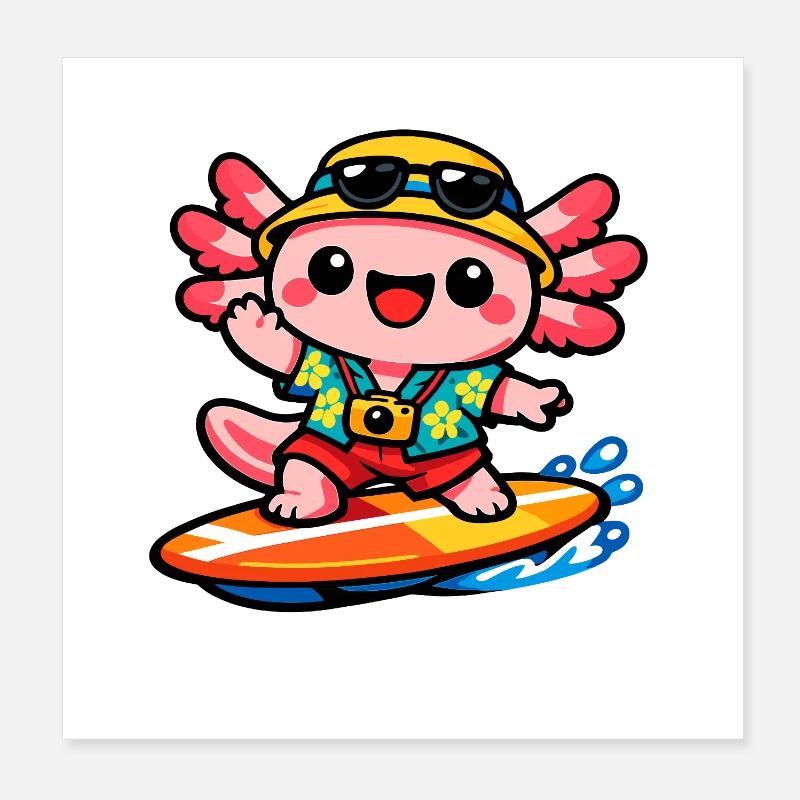Axolotl héros de la plage de surf de Kawaii Poster 20 x 20 cm