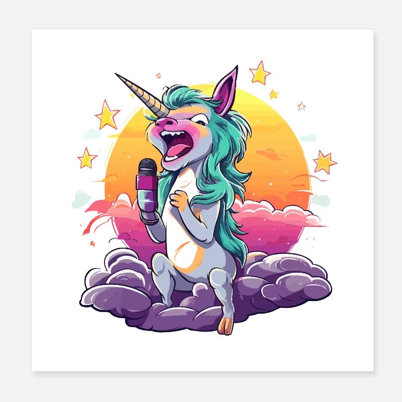 Sonnenuntergang-Einhorn mit Mikrofon Poster 20x20 cm