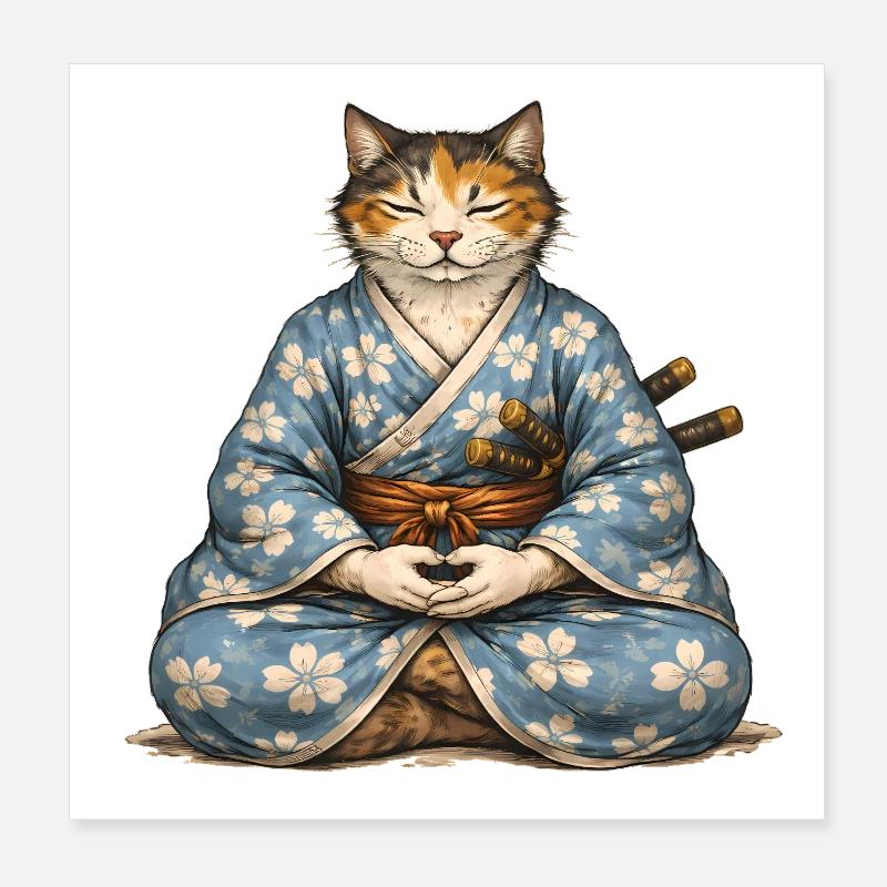 Kimono de méditation Zen Samurai Cat Poster 20 x 20 cm