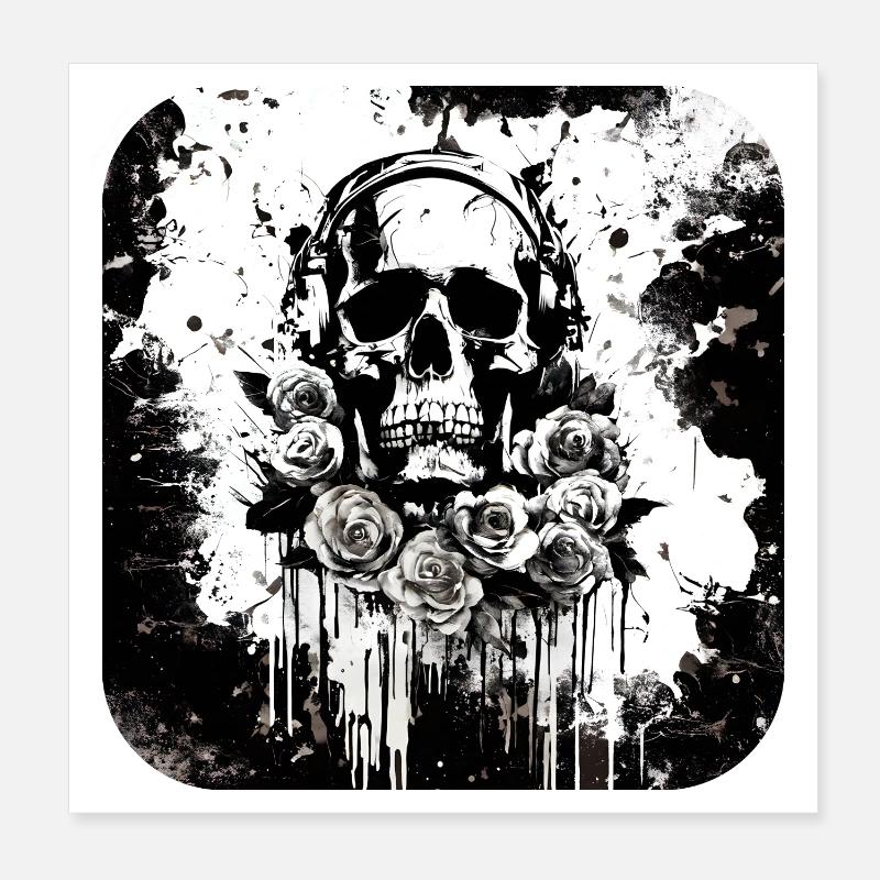 Schädel mit Kopfhörer Rosen Poster 20x20 cm