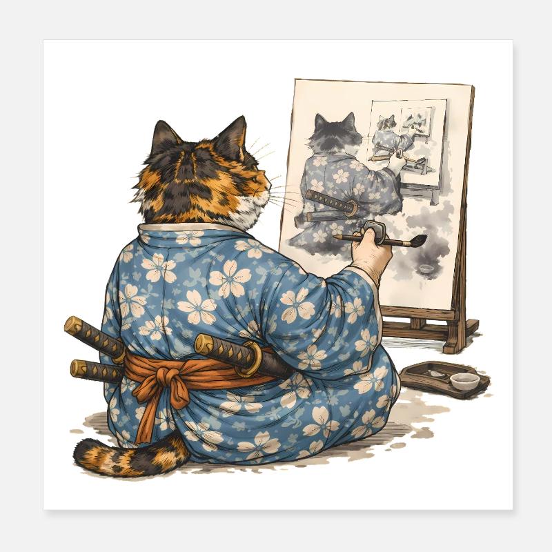 Peinture du chat samouraï : Sumi-e Ukiyo-e Art Poster 20 x 20 cm