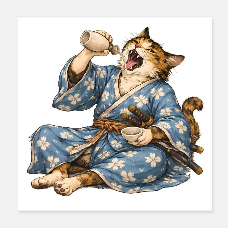 Saké de chat samouraï style ukiyo-e japonais Poster 20 x 20 cm