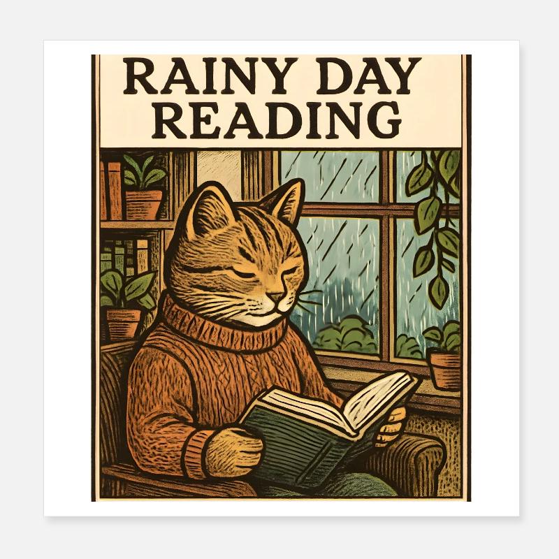 Katzenlese im Regenschauer Poster 20x20 cm