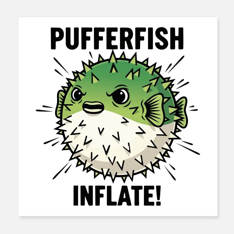 Globe Fish Danger Inflate Black Pufferfish Poster 8" x 8" (20x20 cm)