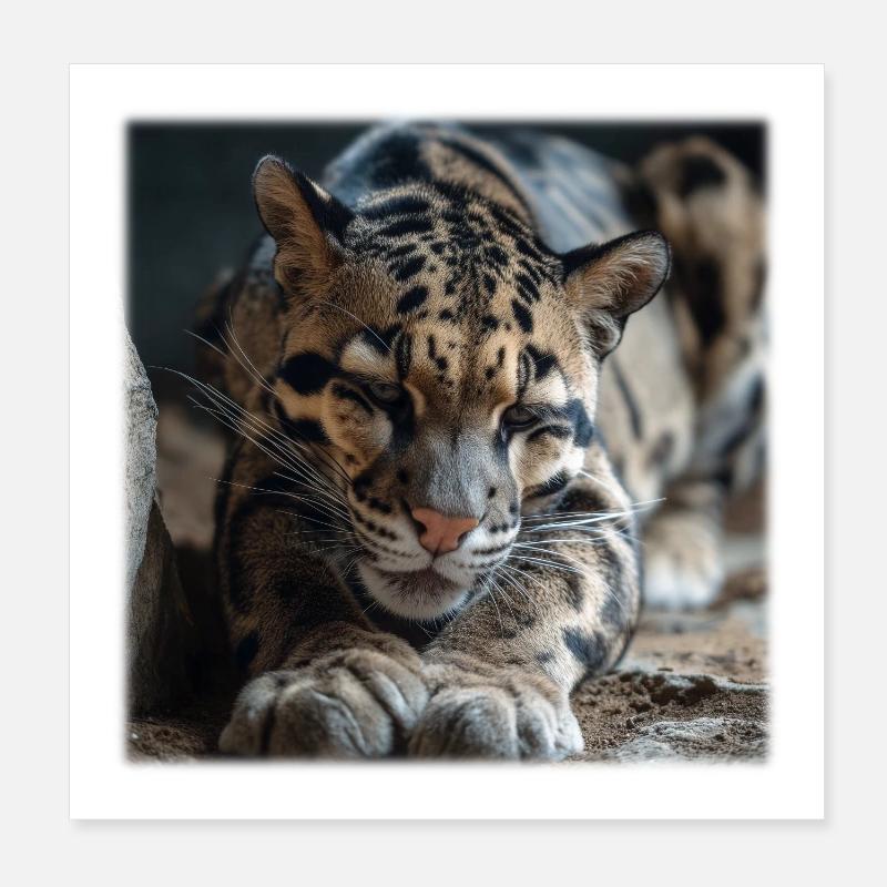 Pose de repos du léopard nuageux Chat sauvage expressif Poster 20 x 20 cm
