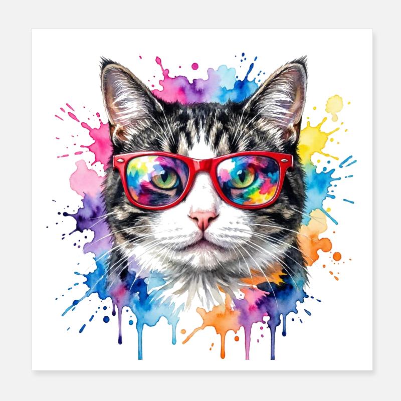 Cat Face in Rainbow Watercolor Gift Poster 8" x 8" (20x20 cm)