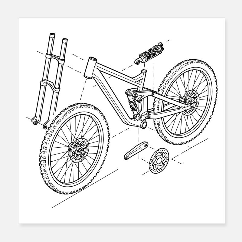 Dessin DH-Bike Exploded : Croquis de la technique VTT Poster 20 x 20 cm