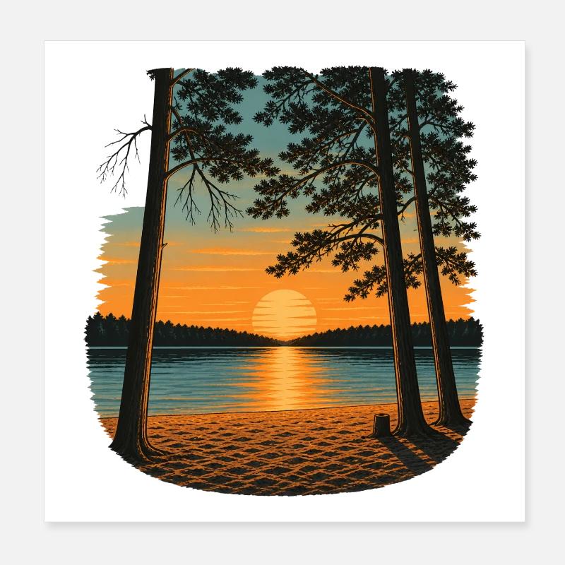 Coucher de soleil au lac forestier Poster 20 x 20 cm