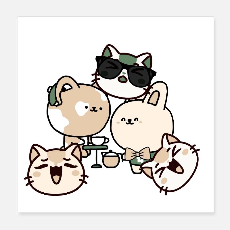 Kawaii Coffee Break: Cat with Hearing Aid Poster 8" x 8" (20x20 cm)