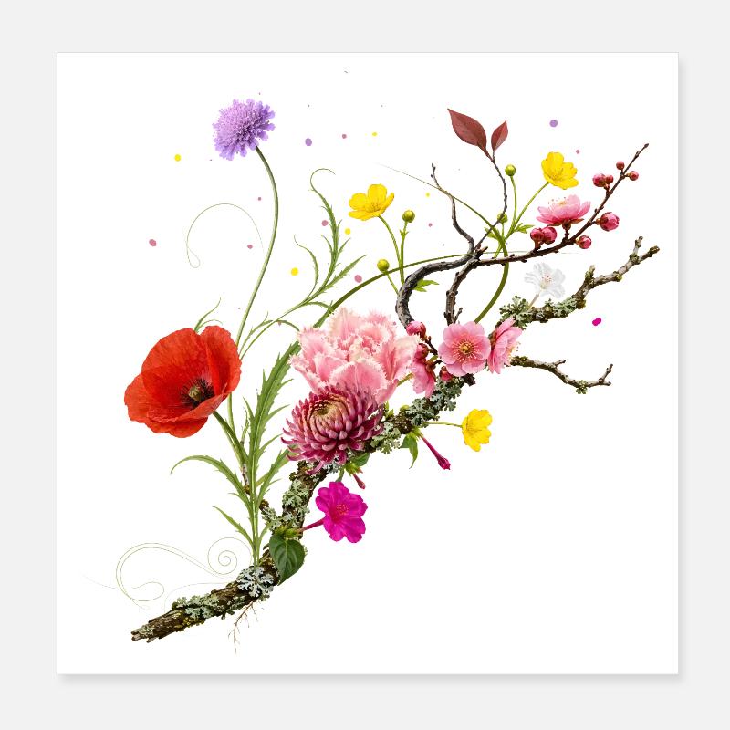 Bunte Wildblumen auf Natur Ast Blumen Design Poster 20x20 cm