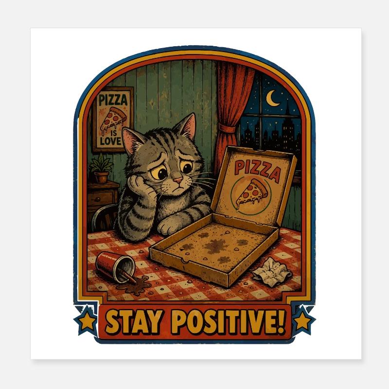 Pizza Abend Katze Stay Positive Poster 20x20 cm