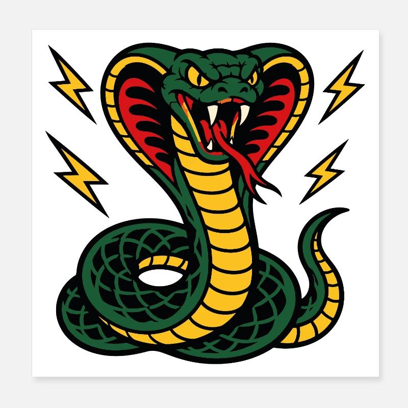 Fierce Cobra with Tattoo Style Lightning Bolts Poster 8" x 8" (20x20 cm)
