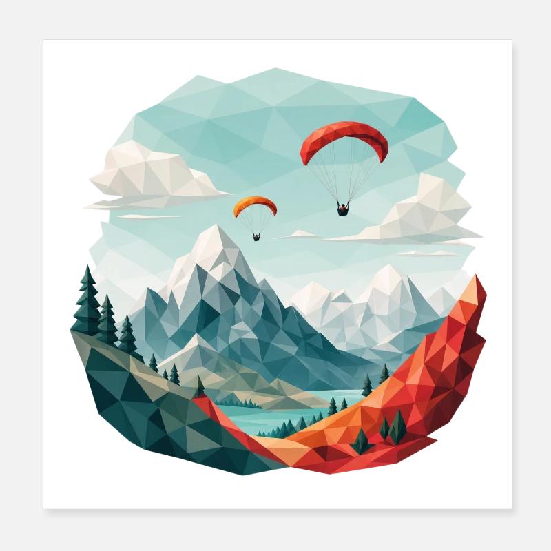 Paragliding Mountain Landscape Polygon Art Poster 8" x 8" (20x20 cm)