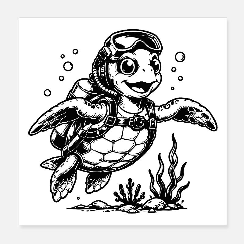 Plongeur tortue avec bouteille d’oxygène Poster 20 x 20 cm