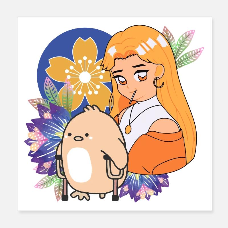 Anime-Mädchen und Vogel mit Krücken-Kunst Poster 20x20 cm