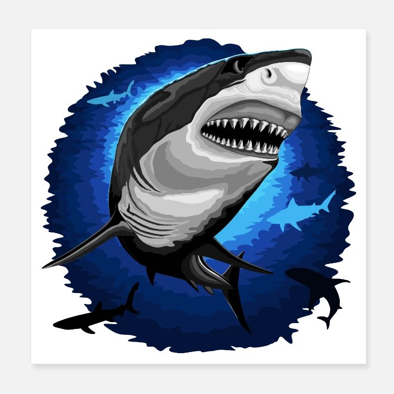 Mâchoires d’attaque de requin sur un océan bleu profond Poster 20 x 20 cm