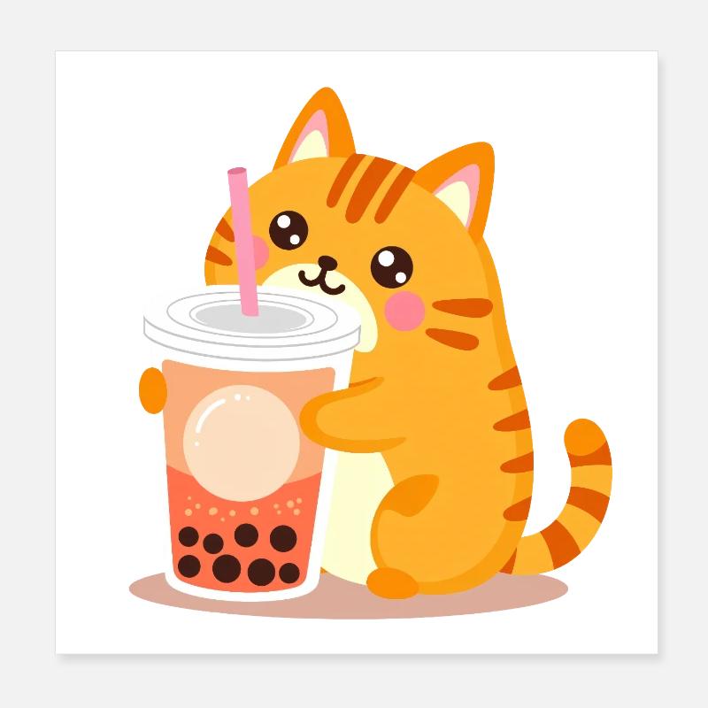 Cute Kawaii Cat with Bubble Tea Poster 8" x 8" (20x20 cm)