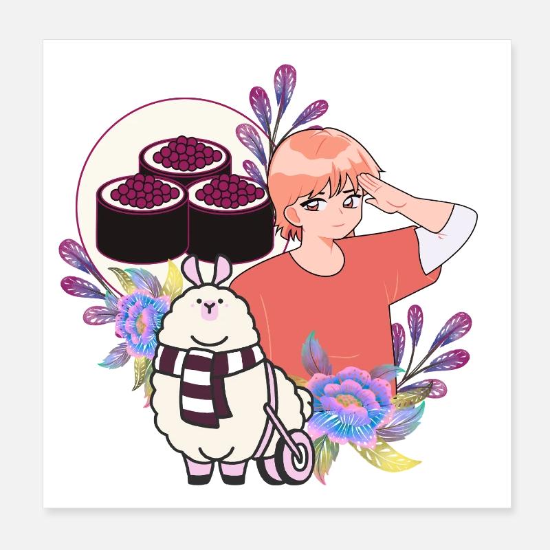 Sushi-Zeit & Alpaca im Rollstuhl Poster 20x20 cm