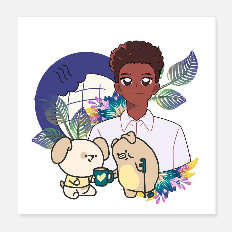 Anime Boy and Animals with Crutch Art Poster 8" x 8" (20x20 cm)
