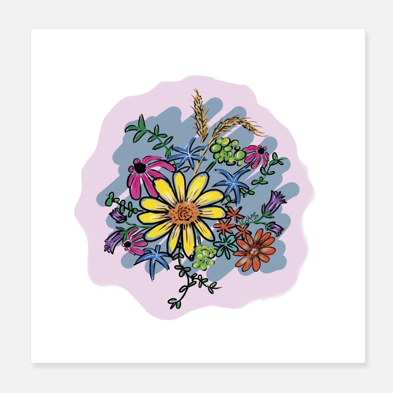 Buntes Blumenbouquet Illustration - Poster 20x20 cm - Weiß
