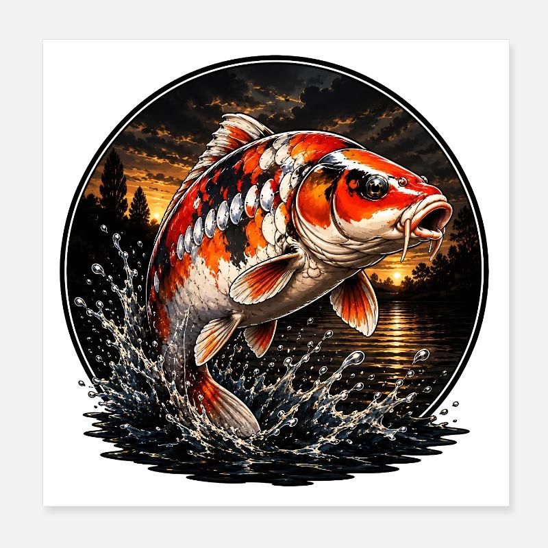 Red White Koi Carp Sunset Design Poster 8" x 8" (20x20 cm)