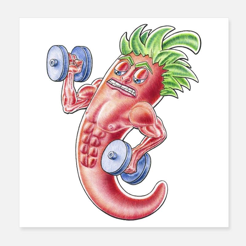 Muscular Chilli Cartoon Pepper Lifting Weights Poster 8" x 8" (20x20 cm)