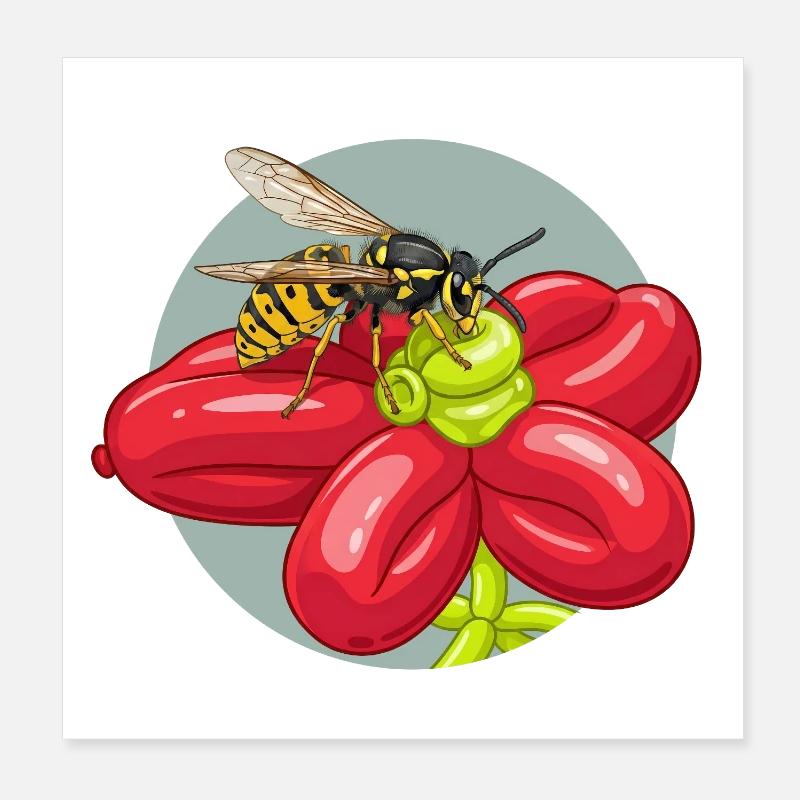 Red Flower Bees Balloon - Poster 8" x 8" (20x20 cm) - white