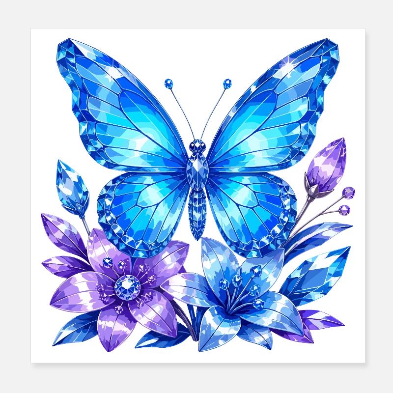 Papillon bleu avec des fleurs de lavande Poster 20 x 20 cm