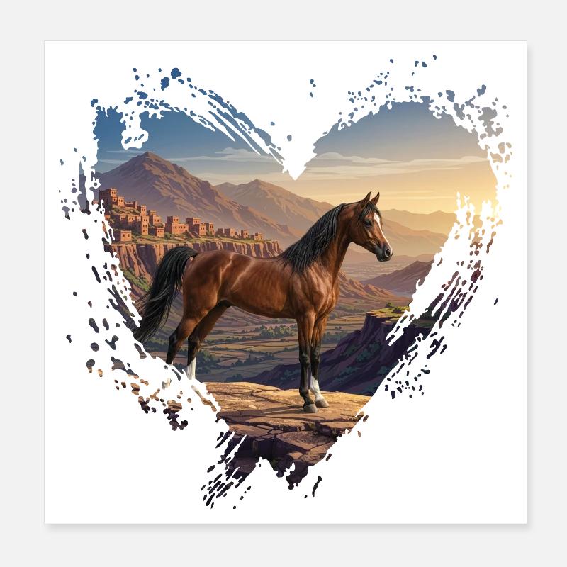 Ein arabisches Al Jawf-Pferd, eine Landschaft und ein Herz Poster 20x20 cm