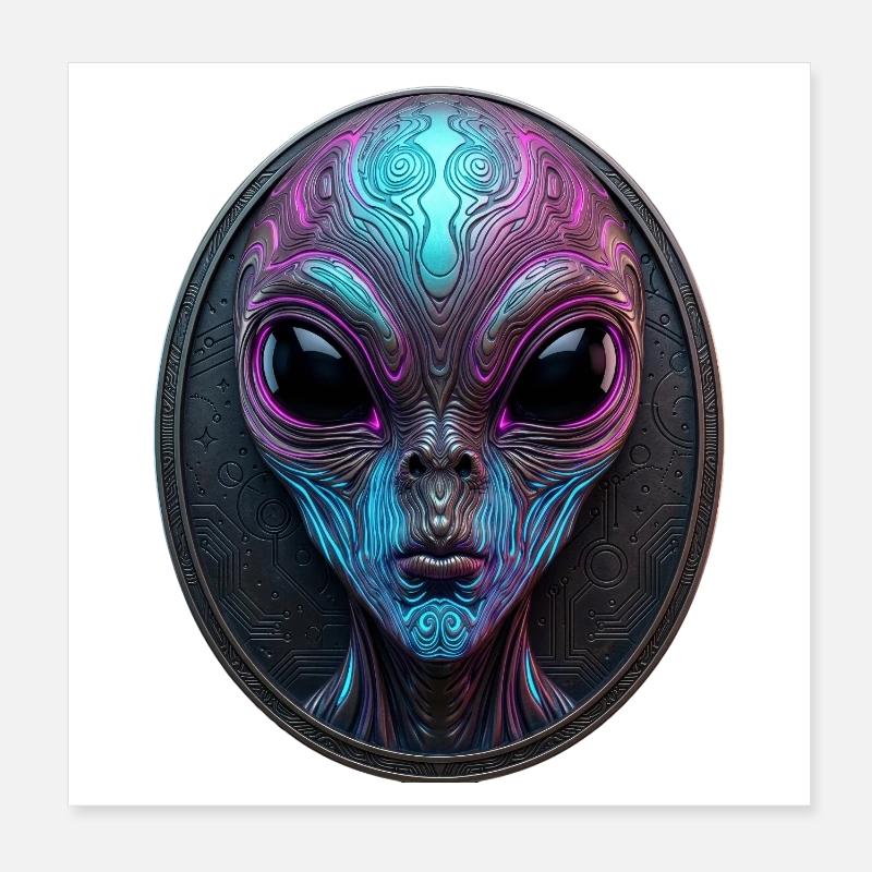 Neon Alien Medallion Sci-Fi Art Poster 20x20 cm