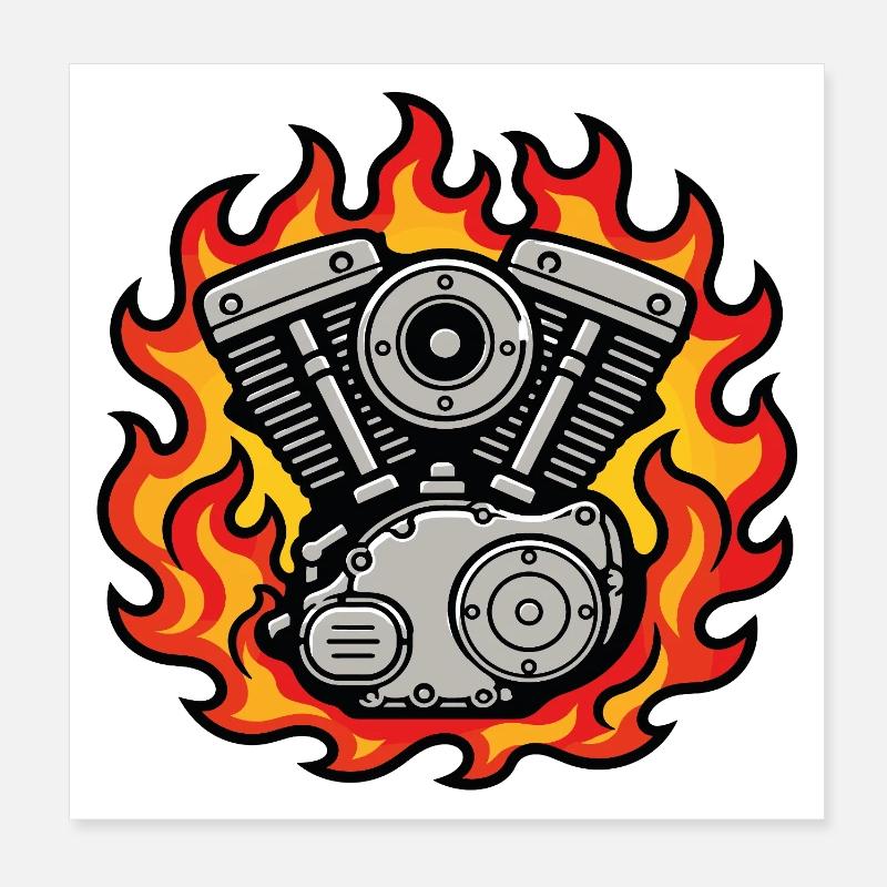 Vintage motorcycle engine in flames Poster 8" x 8" (20x20 cm)