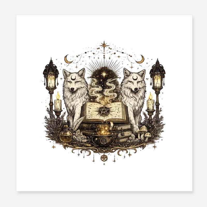 Die zwei Wölfe und das mystische Buch Poster 20x20 cm