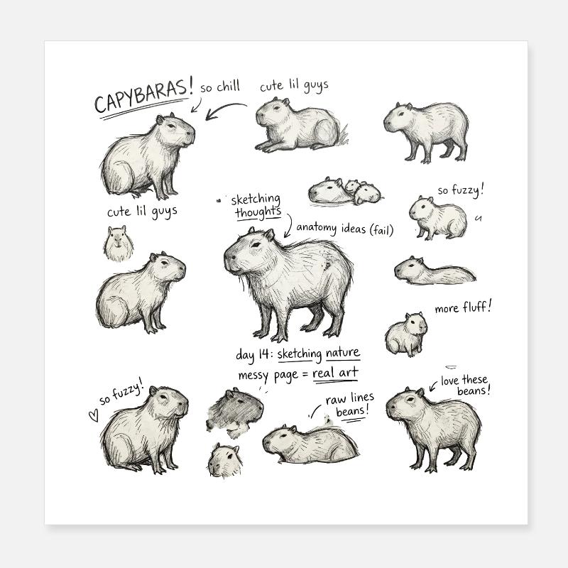Parade de croquis de capybara - Poster 20 x 20 cm - blanc