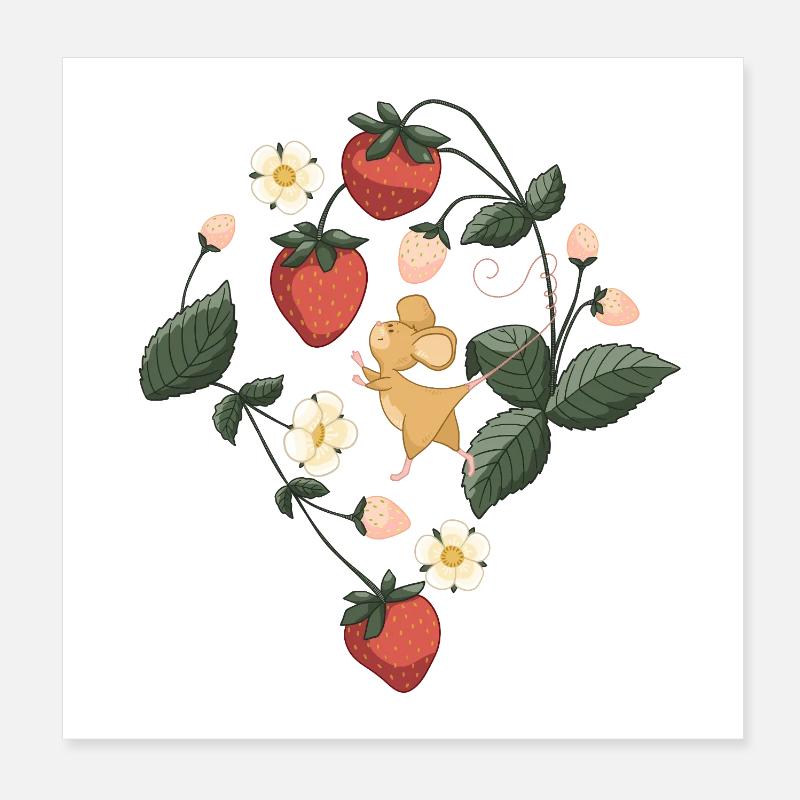 Erdbeere mit süßer Maus Garten Blumen Früchtchen Poster 20x20 cm
