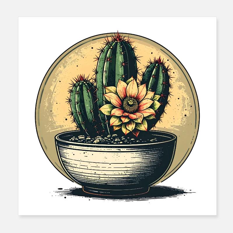 Fleur de cactus en pot – Vintage Circle Poster 20 x 20 cm