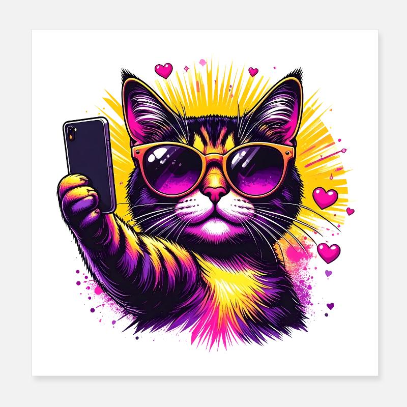Cat Selfie Neon Sunglasses Poster 8" x 8" (20x20 cm)
