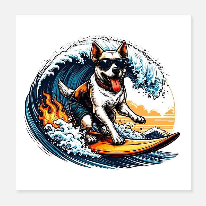 Chien en surfeur sur une planche de surf Poster 20 x 20 cm