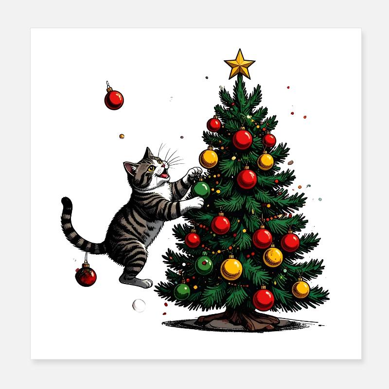 Cat lover at the Christmas tree Poster 8" x 8" (20x20 cm)