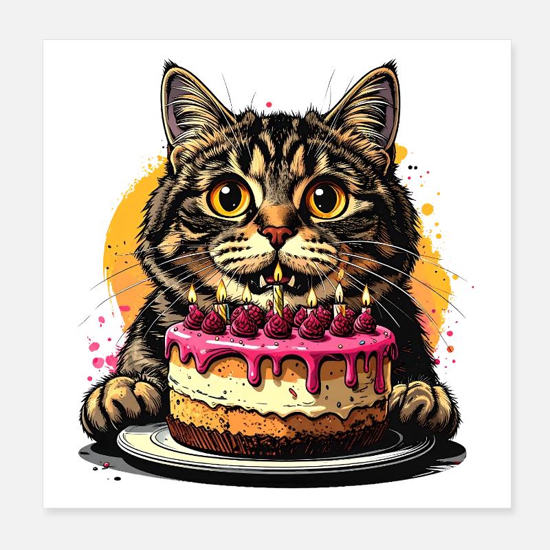 Fête du gâteau d’anniversaire du chat Poster 20 x 20 cm