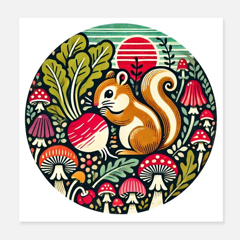 Whimsical Squirrel Among Mushrooms Poster 8" x 8" (20x20 cm)