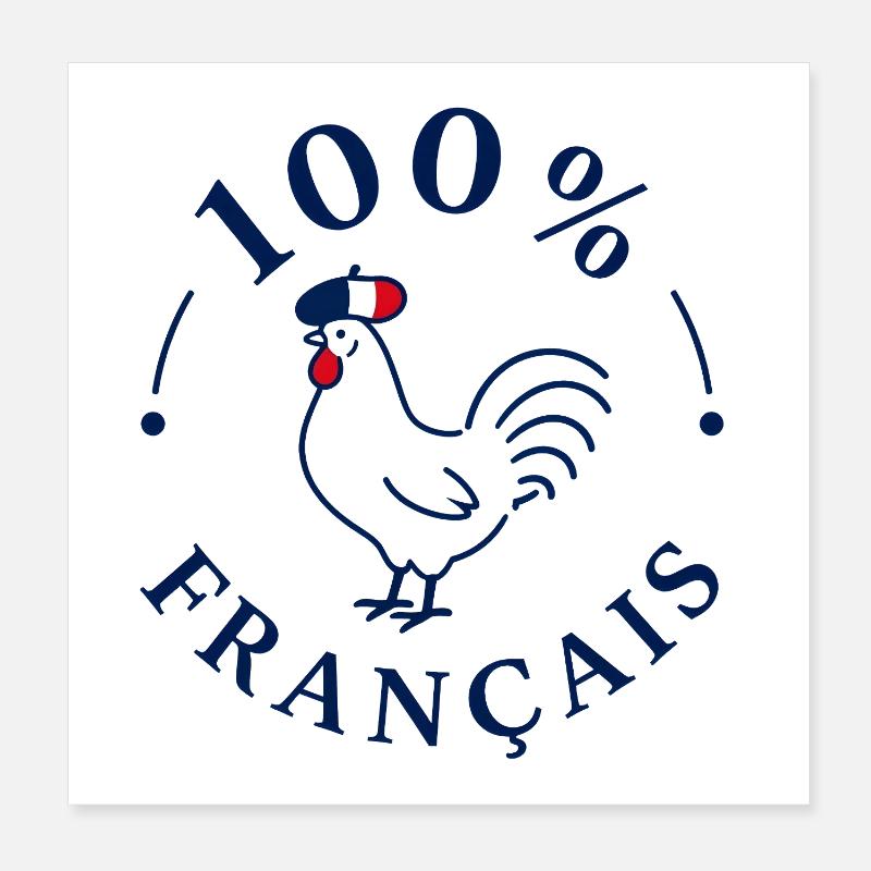 Coq 100% Français avec béret drapeau Poster 20 x 20 cm