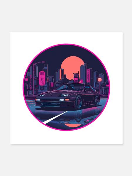 Retro 80er JDM Schrägheck Neon Tokyo Emblem - Poster 20x20 cm - Weiß - Vorne