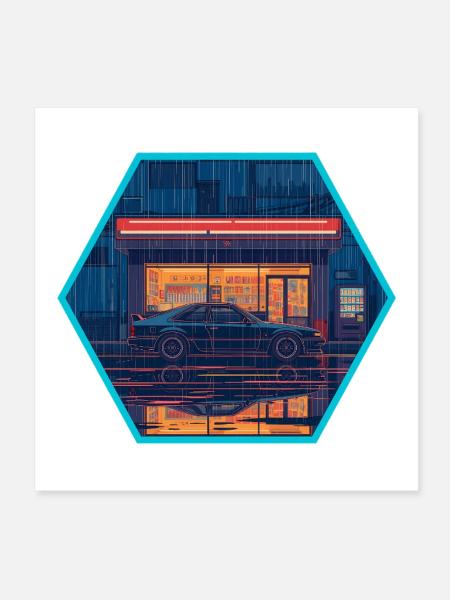 Retro 80er JDM Hatchback Neon Konbini Hex Emblem - Poster 20x20 cm - Weiß - Vorne