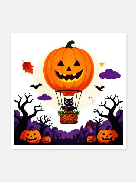 Kürbisballon-Katzen-Halloween-Szene - Poster 20x20 cm - Weiß - Vorne