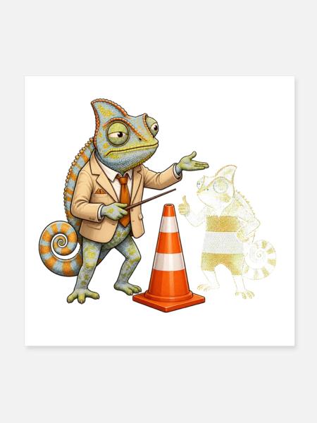 Chamäleon Fahrlehrer übt sicher mit Verkehrskegel - Poster 20x20 cm - Weiß - Vorne