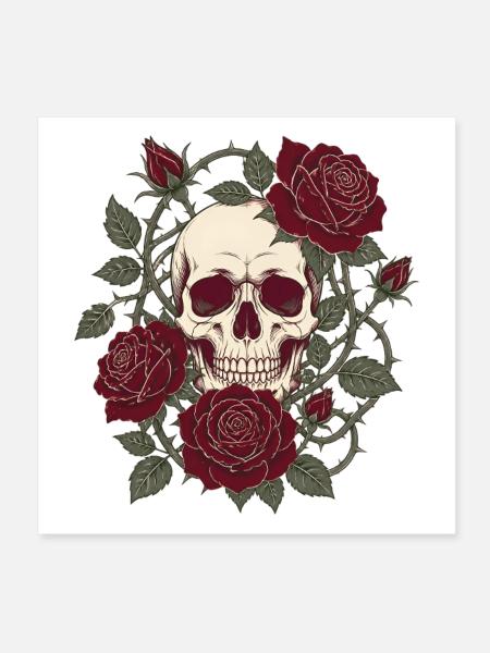 Skull & Roses – Gothic Totenkopf Blumen Design - Poster 20x20 cm - Weiß - Vorne