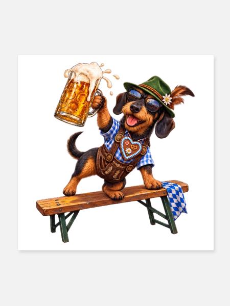 Teckel drôle avec de la bière en costume bavarois - Poster 20 x 20 cm - blanc - Devant